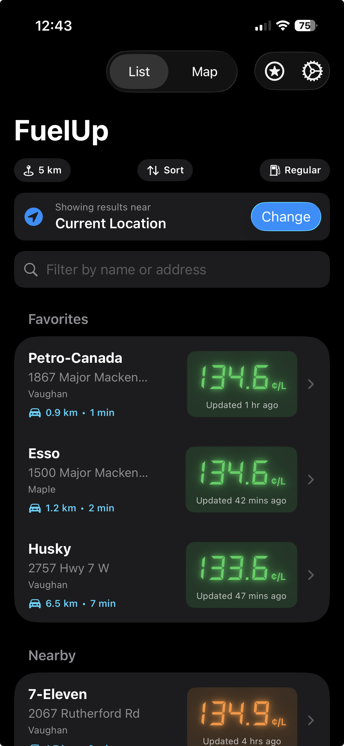 FuelUp list view with favorites and nearby stations