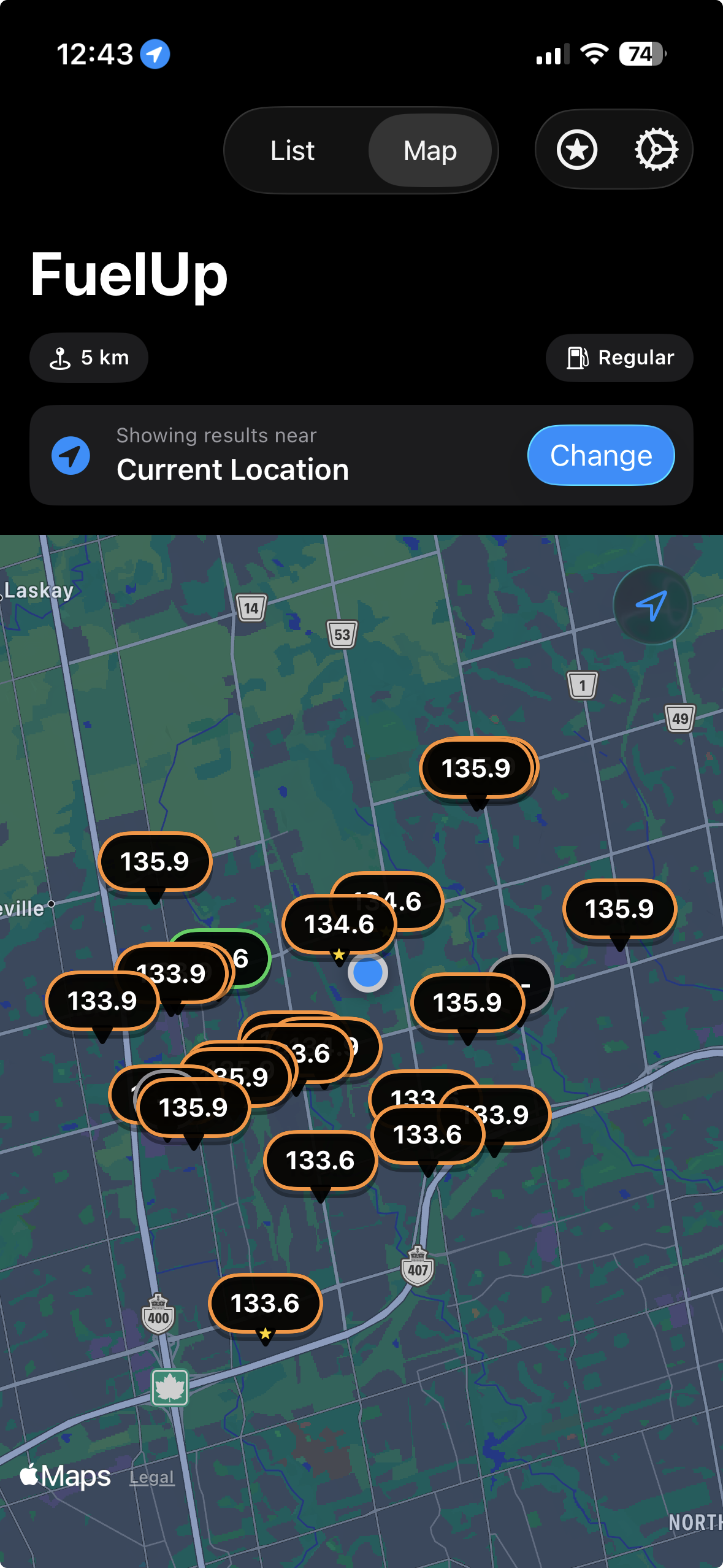 FuelUp map view with color-coded price pins