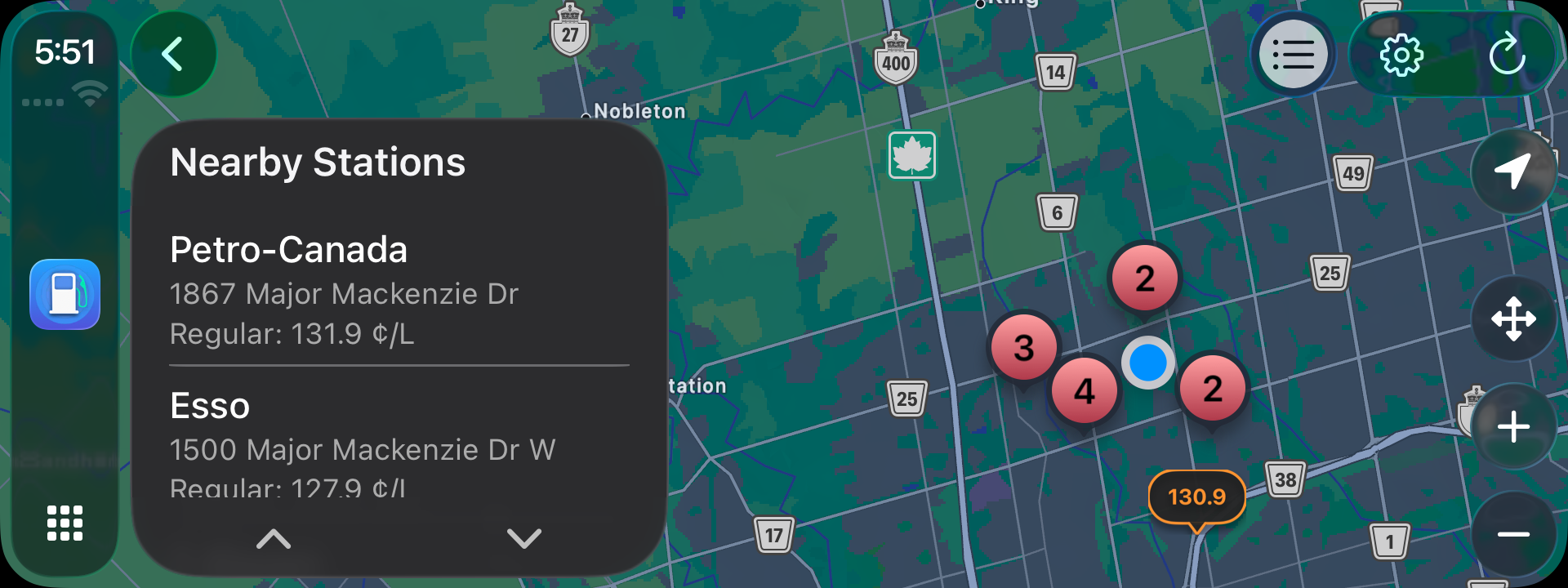 Station detail with one-tap navigation to Maps, Google Maps, or Waze